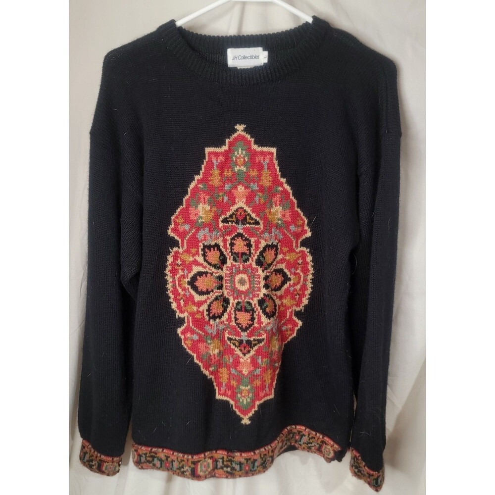 VTG JH Collectibles Wool Sweater Womens Large Persian Rug Tapestry Boho 90s